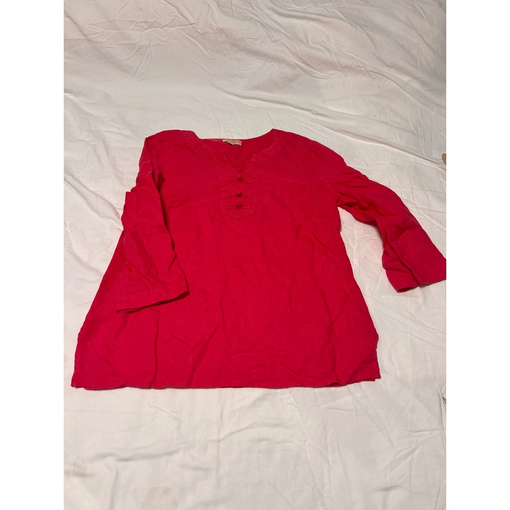 Choices Womens 100% Linen 3/4 Sleeve Tunic Top Pink Frog Knot Split Neck S